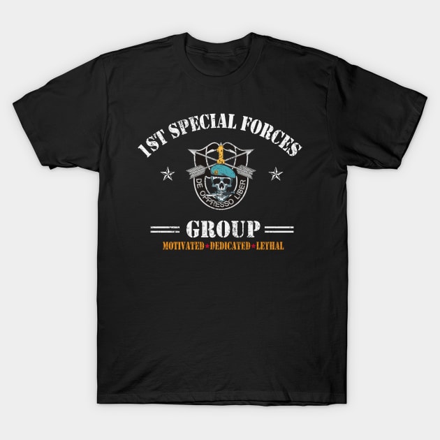 US Army 1st Special Forces Group Motivated Dedicated Lethal De Oppresso Liber SFG - Gift for Veterans Day 4th of July or Patriotic Memorial Day T-Shirt by Oscar N Sims